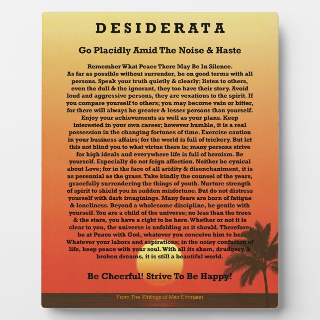 Desiderata Tropical Sunset Plaque (Front)