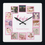 Design a 12 Photo Collage Personalized Pink Square Wall Clock<br><div class="desc">12 Photo Collage Personalized Template wall clock / pink and white.. simply add your own photographs and text to this great wall clock .. easy to personalize .. customizable photo template clock from Ricaso - perfect gift-ideas</div>