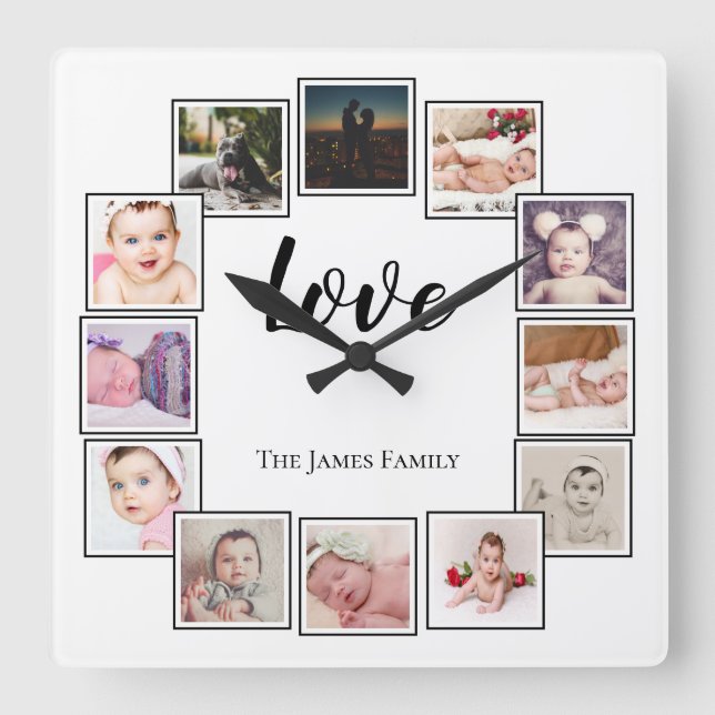 Design a 12 Photo Collage Personalized White Black Square Wall Clock (Front)