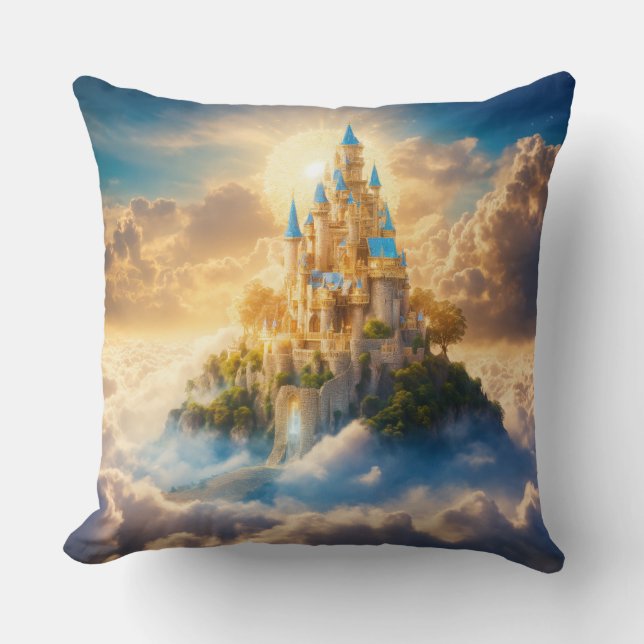Design a dreamlike scene of a castle on a cloud  cushion (Front)