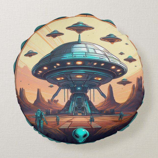 Design a futuristic scene of a space station round cushion (Back)