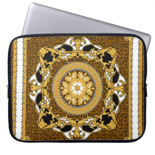 Design of silk scarf with animal print and golden laptop sleeve
