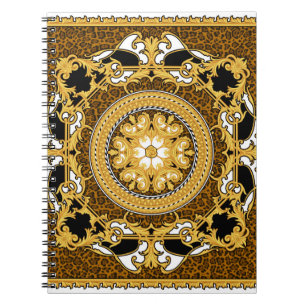 Design of silk scarf with animal print and golden notebook