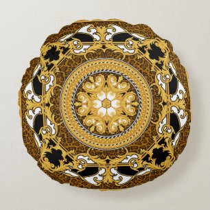 Design of silk scarf with animal print and golden round cushion