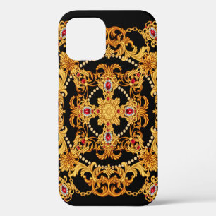 Design of silk scarf with ruby gem stones and gold iPhone 12 case
