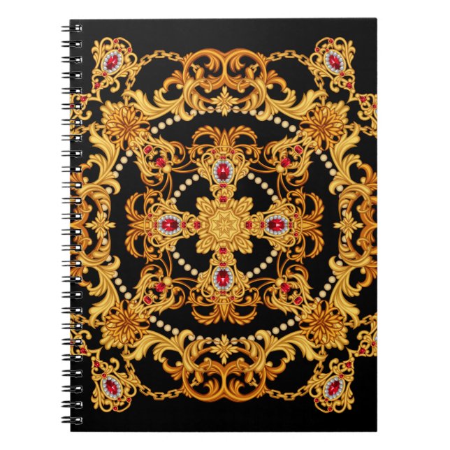 Design of silk scarf with ruby gem stones and gold notebook (Front)