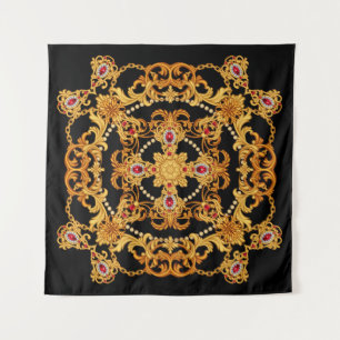 Design of silk scarf with ruby gem stones and gold tapestry
