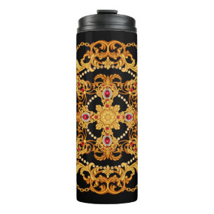 Design of silk scarf with ruby gem stones and gold thermal tumbler