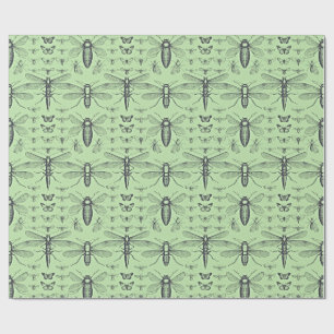Design vintage insects black on green sweet sage wrapping paper