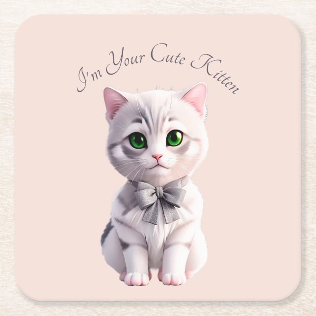 Design with cute grey kitten square paper coaster (Front)