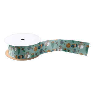 Design with girl, biscuits and tea, dolls and deer satin ribbon