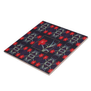 Design with Red Flowers and Leaves Ceramic Tile