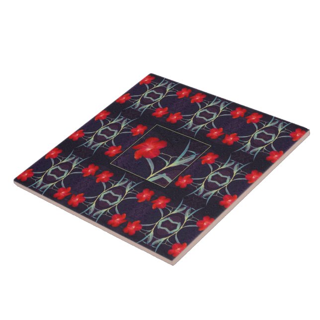 Design with Red Flowers and Leaves Ceramic Tile (Side)