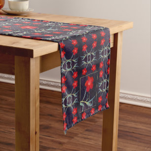 Design with Red Flowers and Leaves Short Table Runner