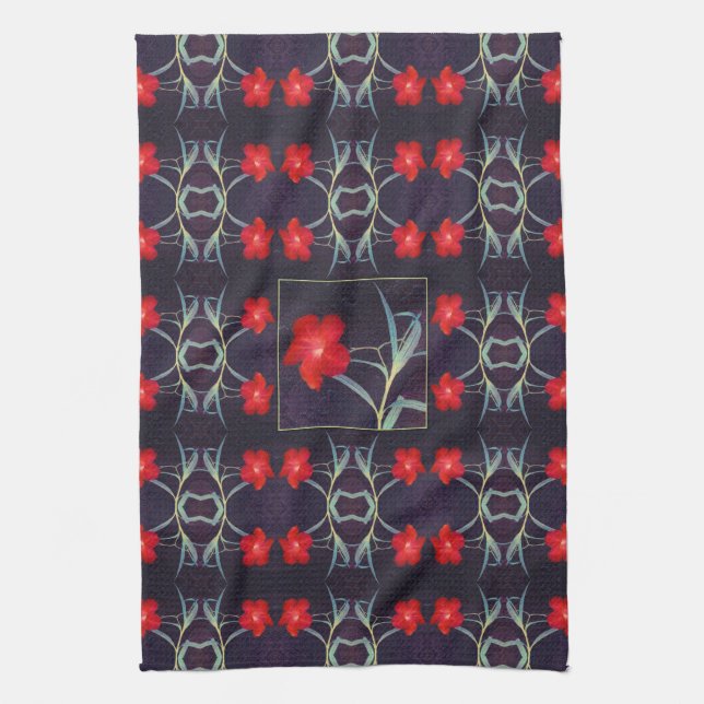 Design with Red Flowers and Leaves Tea Towel (Vertical)