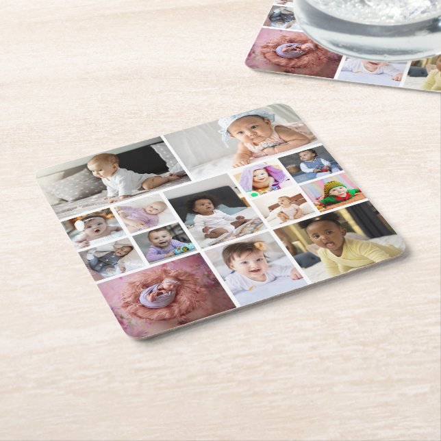 Design Your Own 14 Photo Collage Square Paper Coaster (Angled)