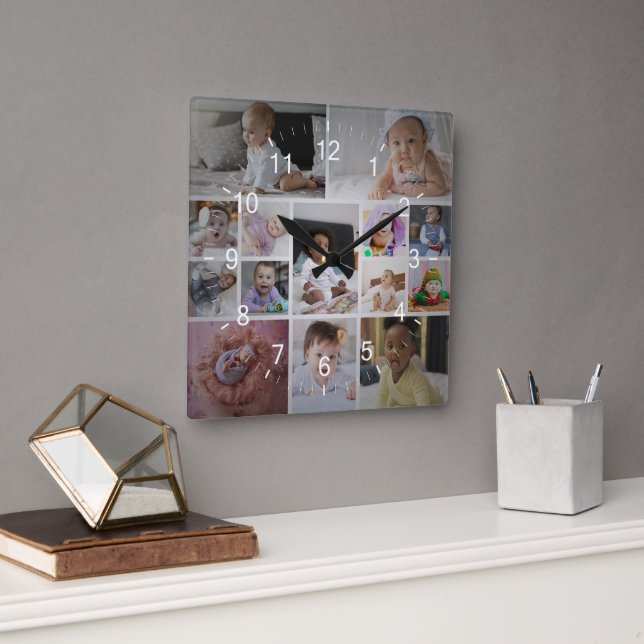 Design Your Own 14 Photo Collage Square Wall Clock (Office)