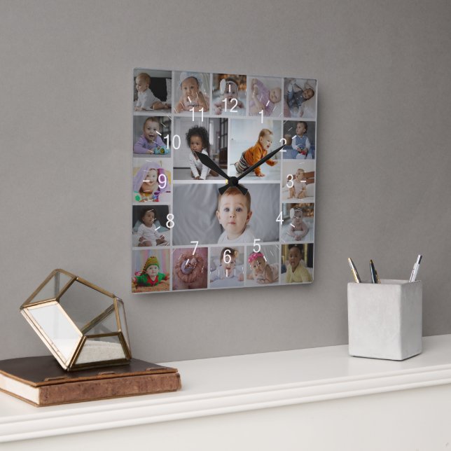 Design Your Own 19 Photo Collage Square Wall Clock (Office)