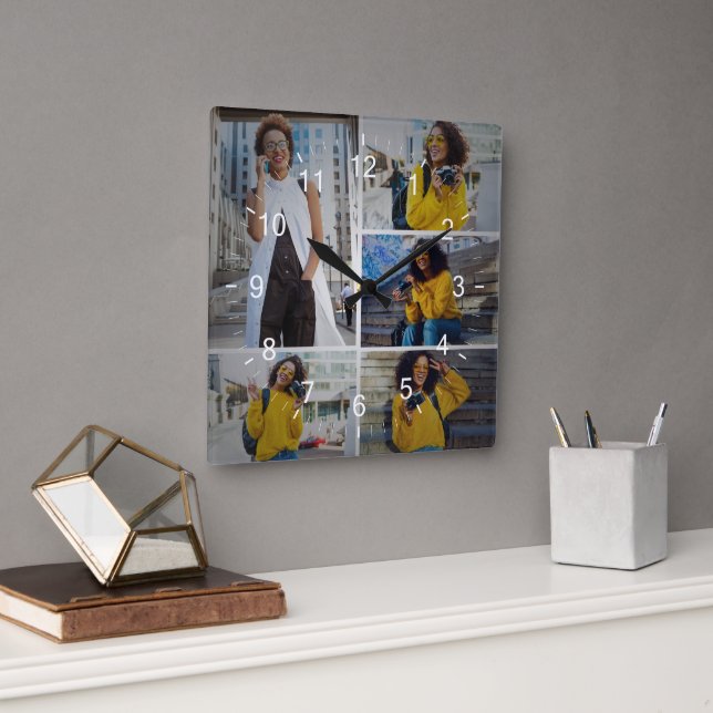 Design Your Own 5 Photo Collage Square Wall Clock (Office)