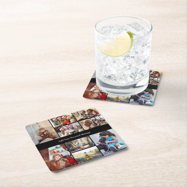 Design Your Own 9 Photo Collage Square Paper Coaster (Insitu)