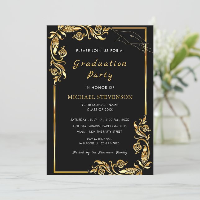 Design Your Own Black Gold Graduation Invitation (Standing Front)