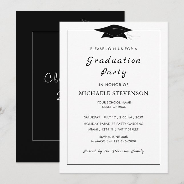 Design Your Own Black White Graduation Invitation (Front/Back)