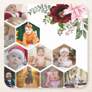 Design Your Own Floral 10 Photo Collage Square Paper Coaster