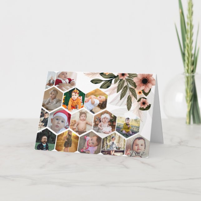Design Your Own Floral 15 Photo Collage Holiday Card (Front)