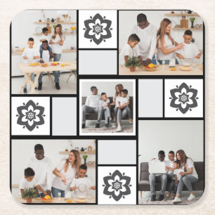 Design Your Own Floral 5 Photo Collage Square Paper Coaster