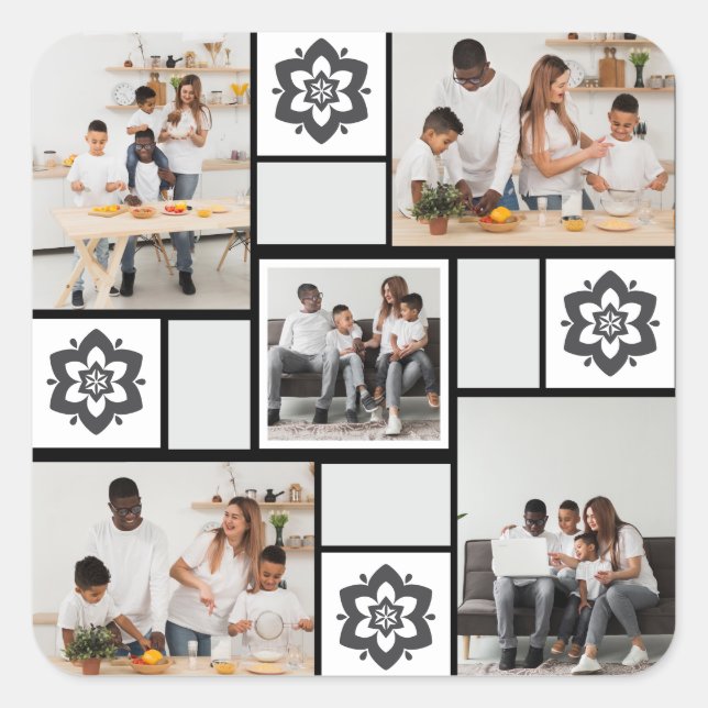 Design Your Own Floral 5 Photo Collage Square Sticker (Front)