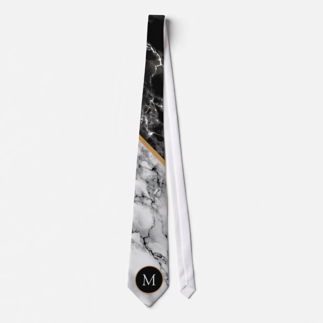 Design Your Own Letter Neck Tie Black White Marble (Front)