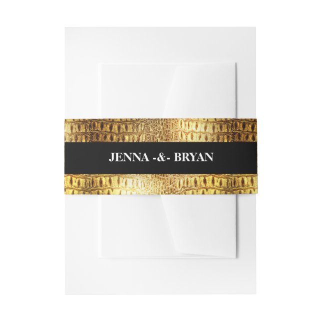 Designer Alligator Crocodile Skin Shiny Gold Black Invitation Belly Band (Front Example)
