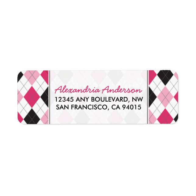 Designer Argyle Return Address Label (pink/black) (Front)