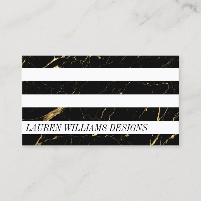 Designer Black and Gold Marble White Striped Business Card (Front)