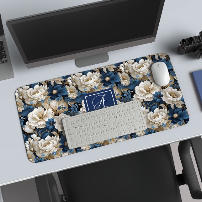 Designer Blue Flowers Personalised Desk Mat (Designer Blue Flowers Personalized Desk Mat)