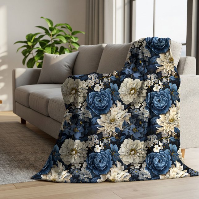 Designer Blue Ivory Floral Elegant Fleece Blanket (Designer Blue Ivory Floral Elegant Fleece Blanket)