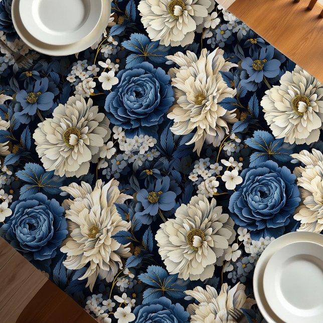 Designer Blue Ivory Floral Roses Chic Tablecloth (Designer Blue Ivory Floral Chic Tablecloth)