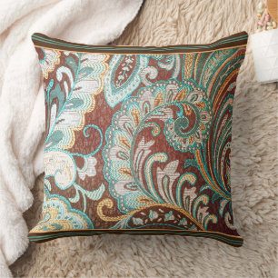 Designer Brocade in Brown, Teal and Gold  Cushion