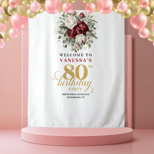Designer Burgundy Blush 80th Birthday Banner Tapestry