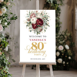 Designer Burgundy Floral 80th Birthday Welcome Poster