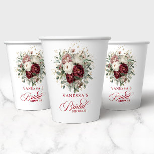 Designer Burgundy Floral Gold Bridal Shower Paper Cups