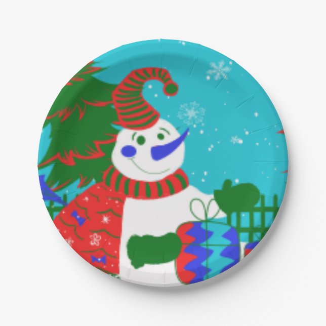 Designer Christmas Paper Party Plates - Snowman (Front)