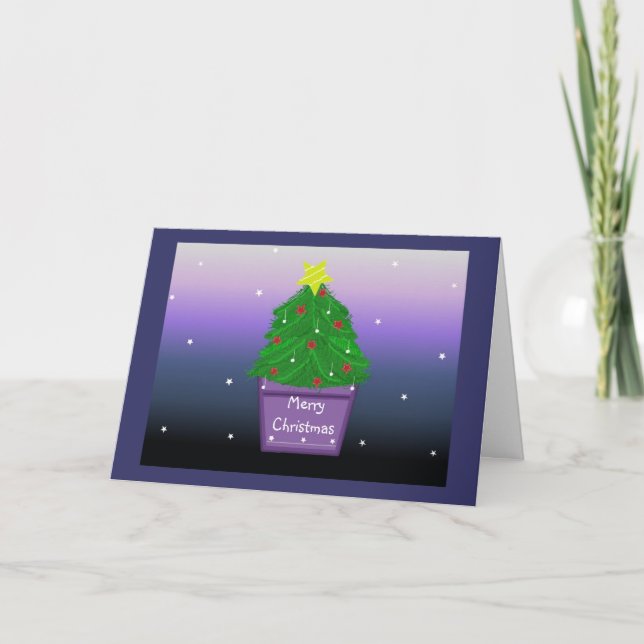 Designer Christmas Tree in Purple Planter Holiday Card (Front)