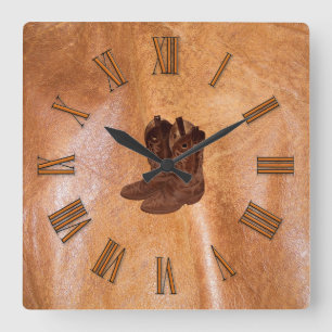 Designer Faux Tanned Leather & Cowboy Boots Square Wall Clock