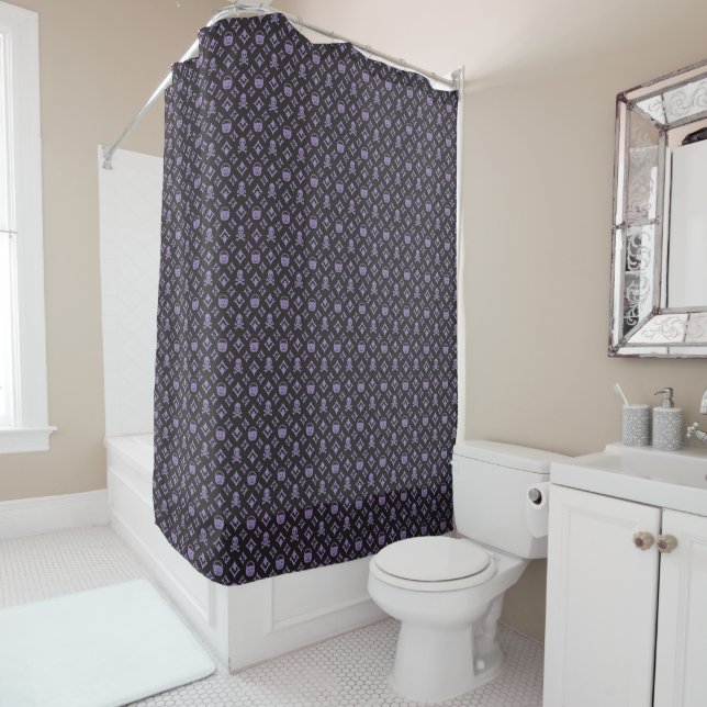 "Designer Halloween, Louis V Skull Pattern Shower Curtain (In Situ)