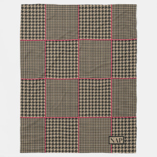 Designer Houndstooth Black Taupe Hot Pink Check Fleece Blanket