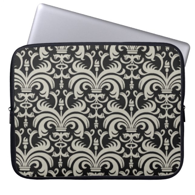 Designer Laptop Sleeve:Black Damask Laptop Sleeve (Front)