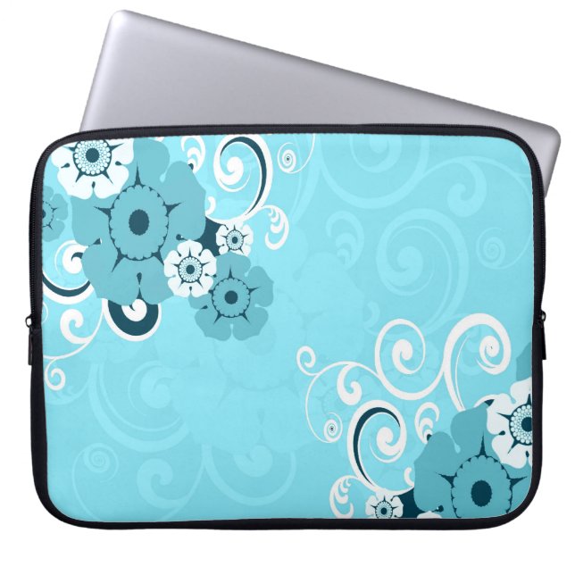Designer Laptop Sleeve:Blue Swirls Floral Pattern Laptop Sleeve (Front)