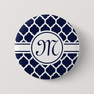 Designer Navy Monogrammed Moroccan Lattice Pattern 6 Cm Round Badge