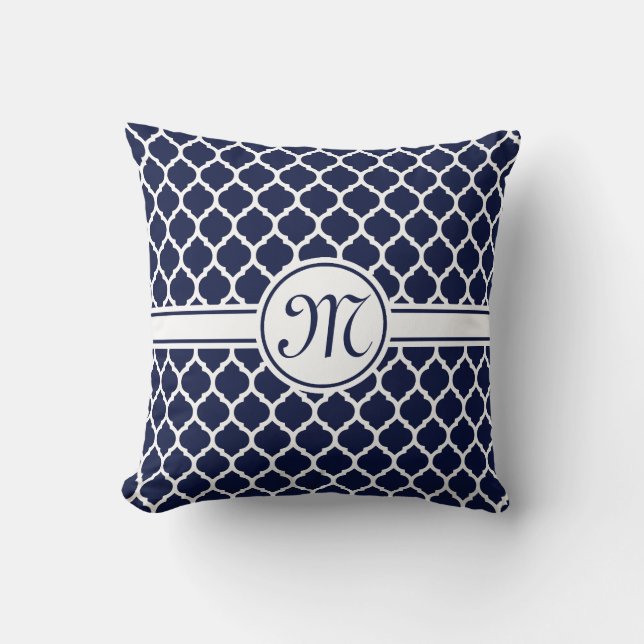 Designer Navy Monogrammed Moroccan Lattice Pattern Cushion (Front)